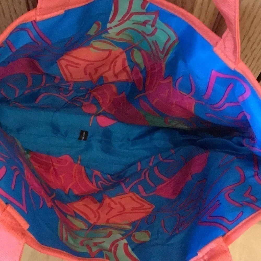 PINK and orange tote bag with blue tropical interior